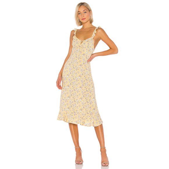 AUGUSTE Dresses & Skirts - NEW AUGUSTE Olsen Love Midi Dress Yellow Lemon Floral Print Ruffle Strap XS